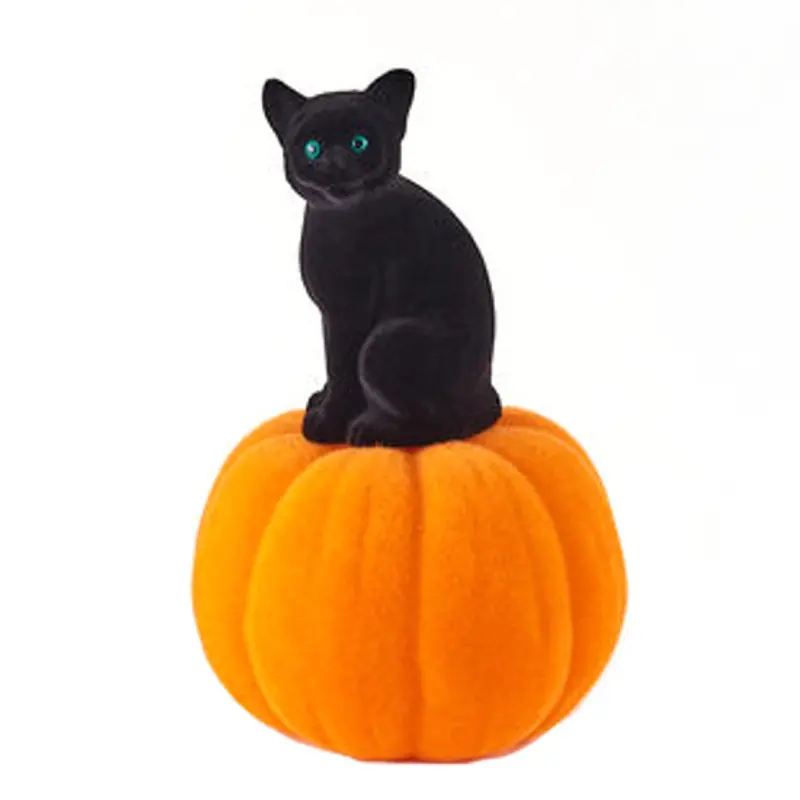 Flocked Cat On Pumpkin – Festive Halloween Decorative Figurine 1