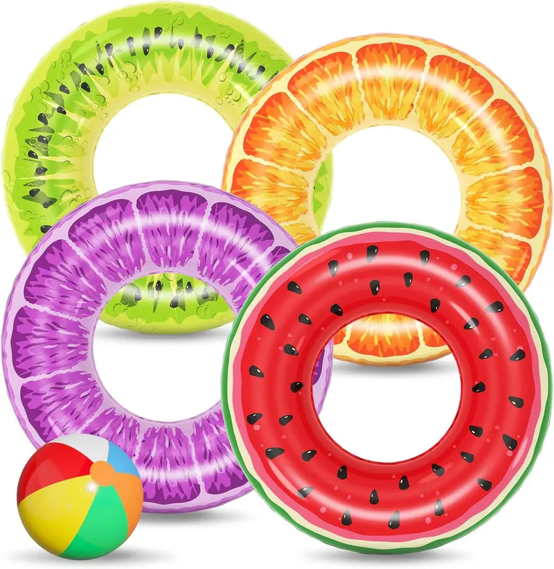 Jasonwell 4-Piece Fruit-Themed Inflatable Pool Floats – Watermelon, Kiwi, Orange & Grape Swim Rings 1