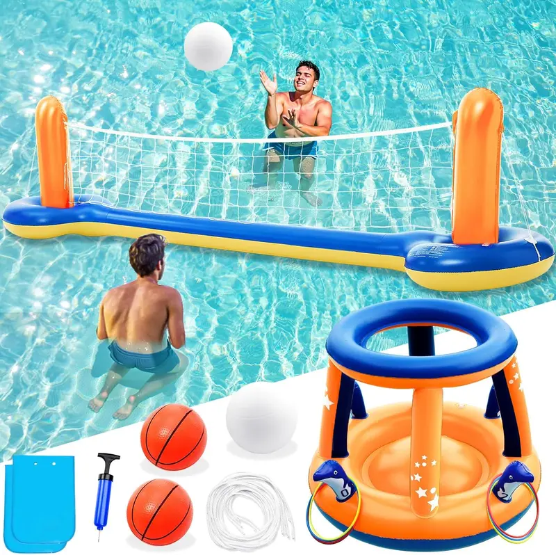 Jasonwell All-In-One Pool Game Collection: Inflatable Volleyball Net, Basketball Ring, And Ring Toss – Summer Fun Kit 1