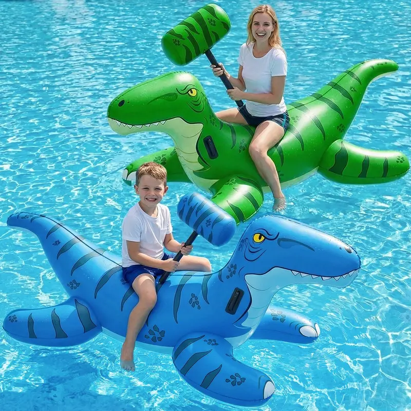 Jasonwell Giant Dino Pool Float – Inflatable Ride-On Raft With Accessories For Tropical-Themed Water Fun (Green & Blue) 1